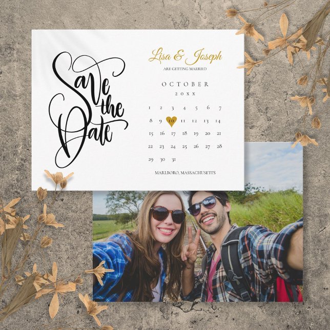 Kalendar Guld Hjärtfoto Skript Spara Datum Meddelande Vykort (Calendar Gold Heart Photo Script Save the Date Announcement Postcard)