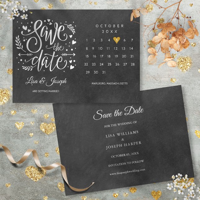 Kalendar Guld Kärlek Hjarta Svart Vitt Spara Datumet (Calendar Gold Love Heart Black White Save The Date)