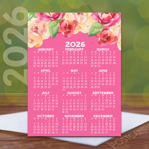 Kalendar med målade akvarellblommor rosa vykort
