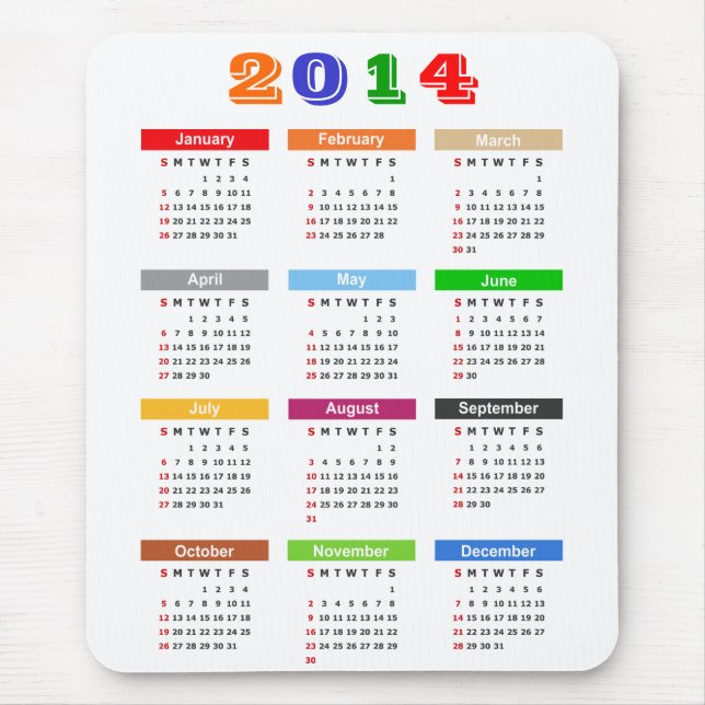 Kalender 2014 - den standarda mångan färgar tema musmatta (Framsidan)