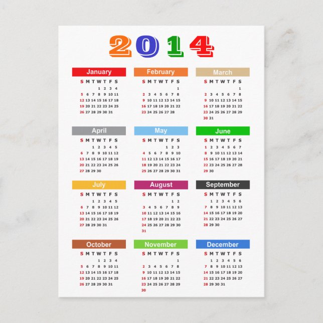 Kalender 2014 - Standard Många Färg tema Vykort (Framsida)