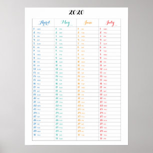 Kalender 2020 Färgglad Affisch Med Fyra Månader