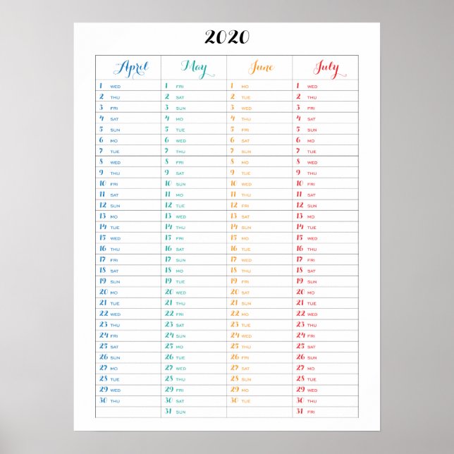 Kalender 2020 Färgglad Affisch Med Fyra Månader (Framsidan)
