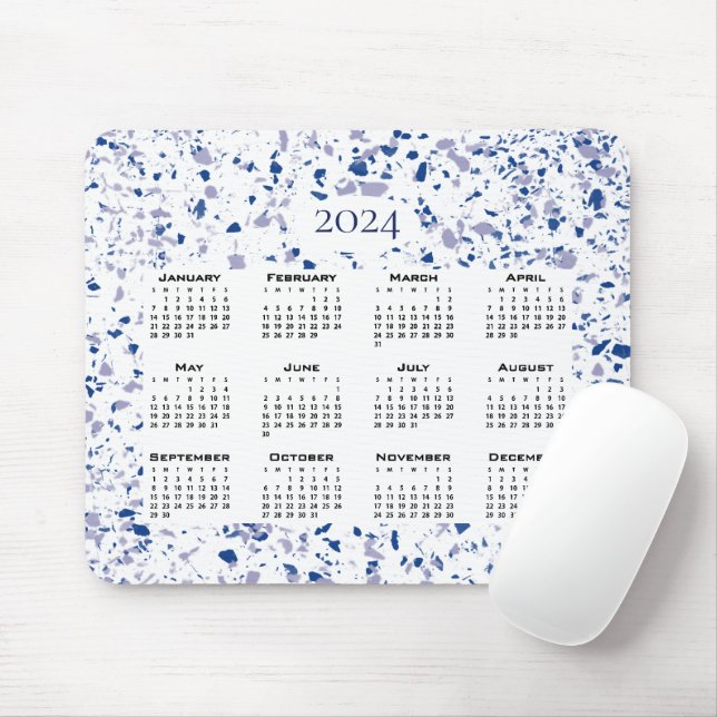 Kalender 2024 Blue White Grått Terrazzo Modern Musmatta (Med mus)