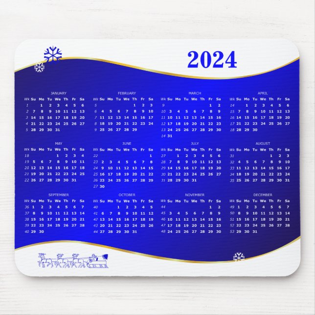 Kalender 2024 om musmatta med blå vågbakgrund (Framsidan)