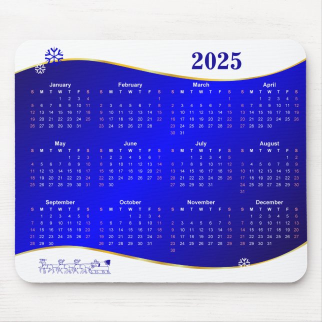 Kalender 2025 på blå vågbakgrundsmusmatta musmatta (Framsidan)