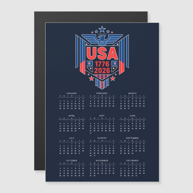 Kalender 2026 (1776-2026 USA) Magnetiskt kort (Fram/baksida)