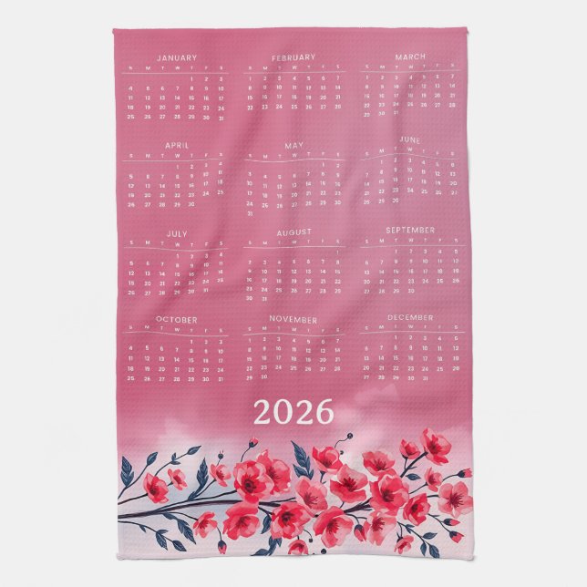 Kalender 2026 med blommor kökshandduk (Vertikal)