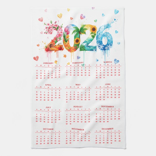 Kalender 2026 med fyra årstider kökshandduk (Vertikal)