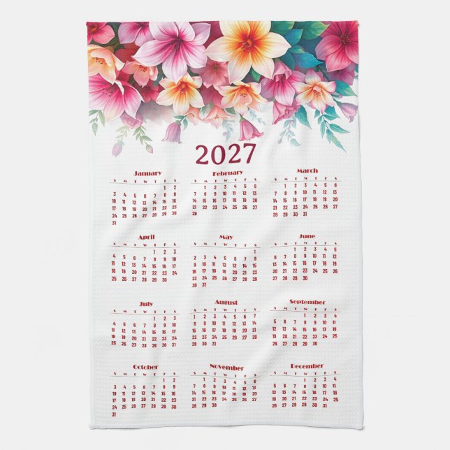 Kalender 2027 med blommor kökshandduk (Vertikal)