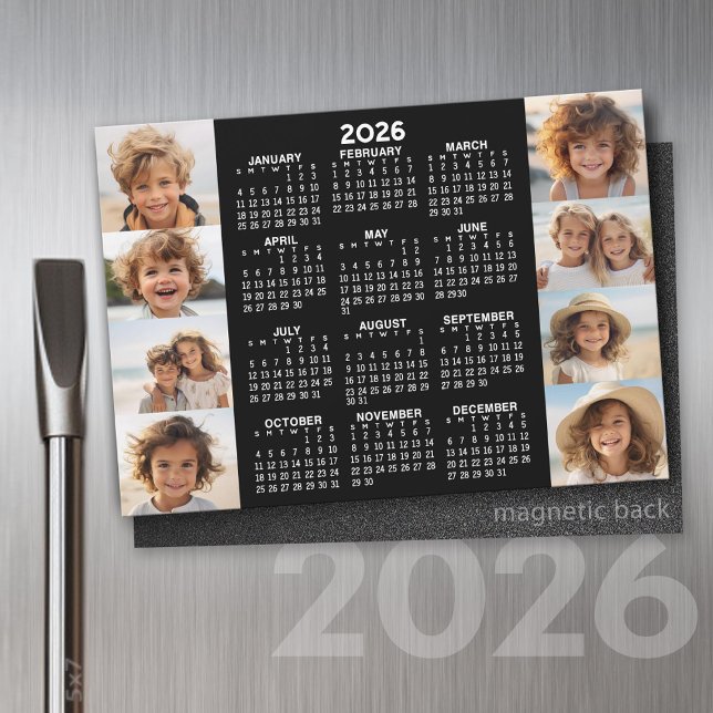 Kalender - 8 foton - Basic Black White Magnet (2026 Calendar on a Refrigerator Magnet with a Photo Collage)
