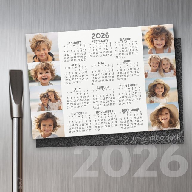 Kalender - 8 foton - Basic Grått White Magnet (2026 Calendar on a Refrigerator Magnet with a Photo Collage)