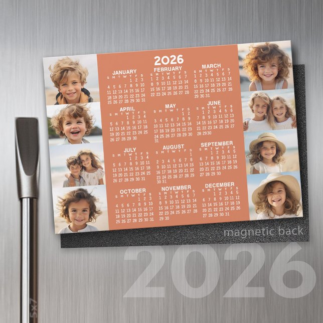 Kalender - 8 foton Basic Terra Cotta White Magnet (2026 Calendar on a Refrigerator Magnet with a Photo Collage)
