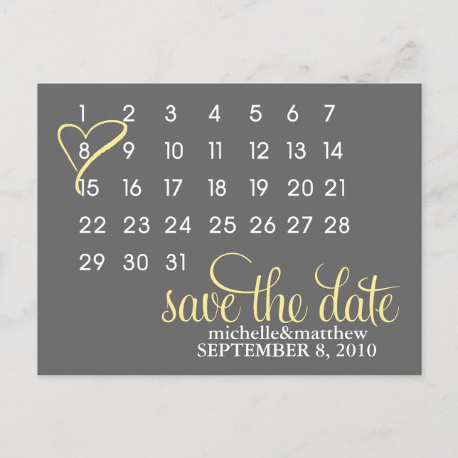 Kalender Bröllops Annonsering Postkort {gul} Meddelande Vykort (Framsida)