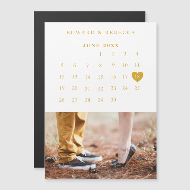 Kalender Elegant Guld Foto Bröllop Spara Datum Magnetisk Inbjudningskort (Fram/baksida)