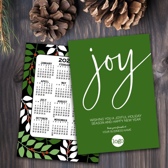 Kalender - Festive JOY Black grönt red med Logotyp Julkort (Modern Holiday Card for Your Business - Add a Logo and hand out a yearly calendar)