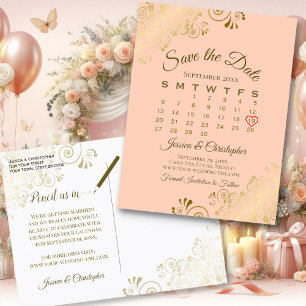 Kalender finare Guld och Peach Bröllop spara datum Meddelande Vykort