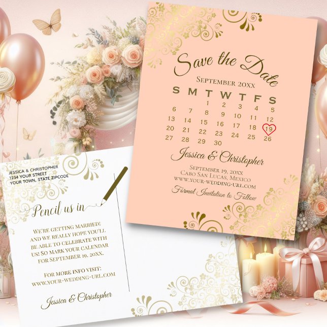 Kalender finare Guld och Peach Bröllop spara datum Meddelande Vykort (Front/Back)