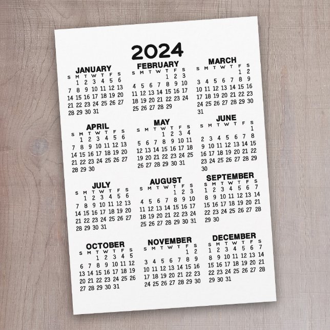 Kalender för 2024 i Fullt-årsvyn - grundläggande m Program (2024 Calendar - basic white with black type)