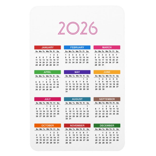 Kalender för 2026 - färgstark Anpassningsbar Magnet (Vertikal)