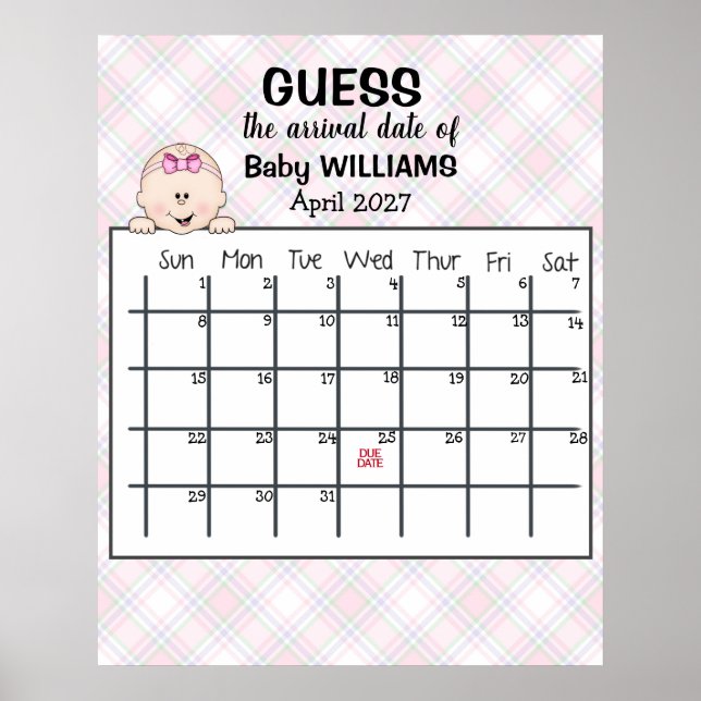 Kalender för beräknad förlossningsdatum Babyflicka Poster (Framsidan)
