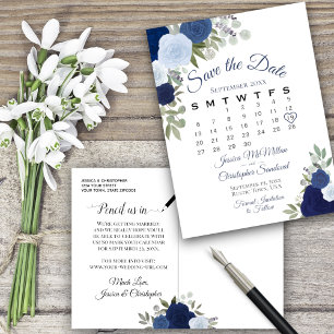 Kalender för elegant Blue Ro Bröllop spara datum Meddelande Vykort