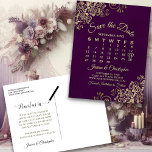 Kalender för elegant Plum & Guld Bröllop spara dat Meddelande Vykort<br><div class="desc">Det här vackra sparandet på vykortet gör att dina vänner och din familj får en förhandsinformation om ditt kommande bröllop. Den har en smart utformning med en anpassningsbar-kalender där du kan sätta ett hjärta runt bröllop-datumet. Bakgrunden är ett djupt plommon lila färg, och det finns dekorativa fläckar från guld i...</div>