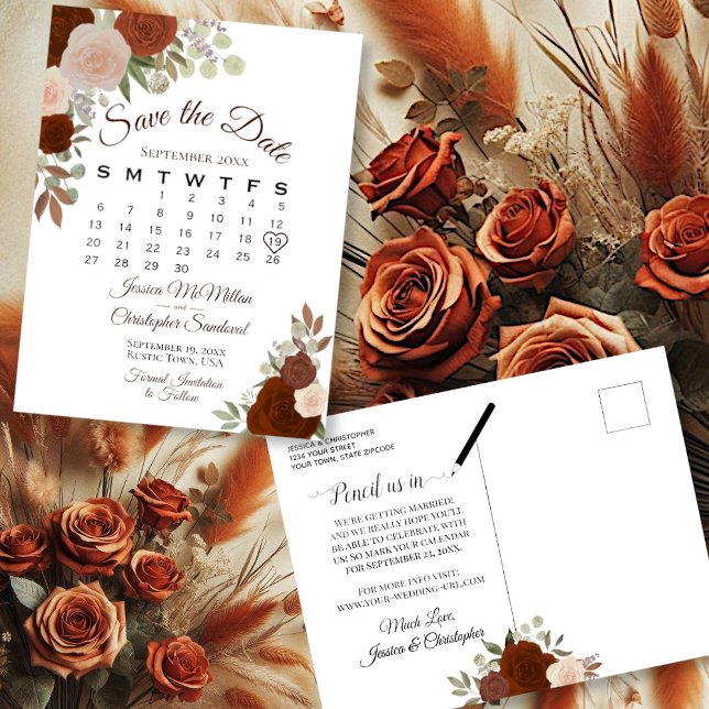 Kalender för Elegant Rust Rosor Bröllop spara datu Meddelande Vykort (Front/Back)