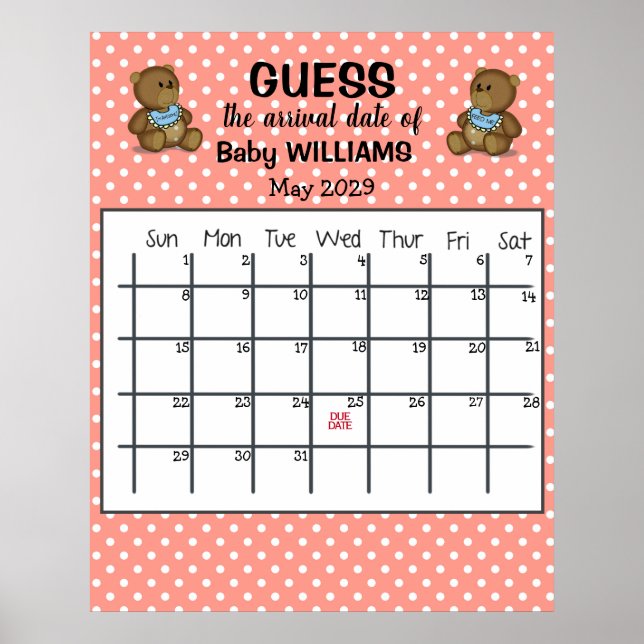 Kalender för gissning av förfallodatum med björnpo poster (Framsidan)