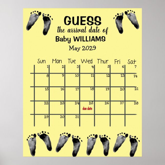 Kalender för gissning av förfallodatum med fotspår poster (Framsidan)