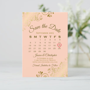 Kalender för guld Frills Coral Peach Chic Bröllop Spara Datumet