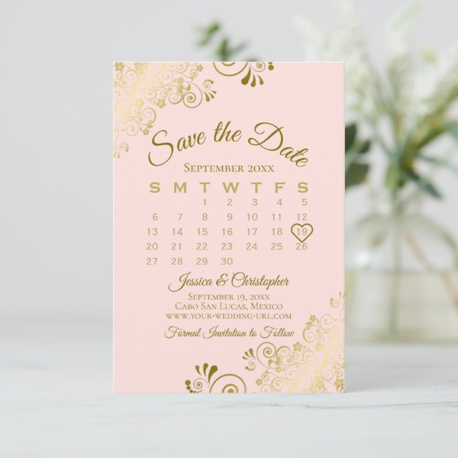 Kalender för guld Frills  Rosa Chic Bröllop Spara Datumet (Stående Fram)