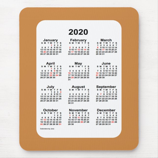 Kalender för helgdag 2020 vid Janz Peru guld Musmatta (Framsidan)