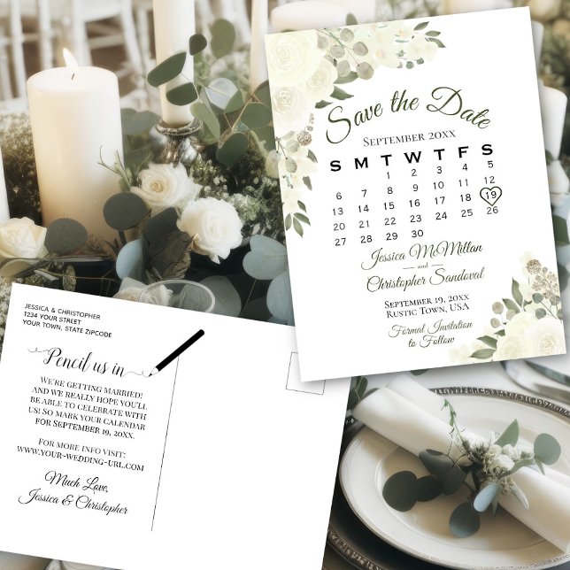 Kalender för Ivory White Blommigt Bröllop spara da Meddelande Vykort (Front/Back)
