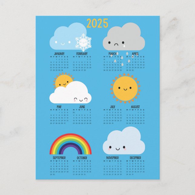 Kalender för Kawaii Himmel Lycklig Weather 2025 Vykort (Framsida)