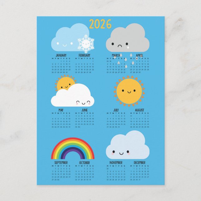 Kalender för Kawaii Himmel Lycklig Weather 2026 Vykort (Framsida)