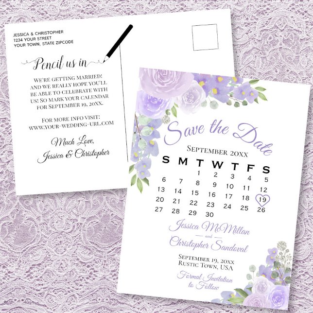 Kalender för Lavender Blommigt Bröllop spara datum Meddelande Vykort (Front/Back)