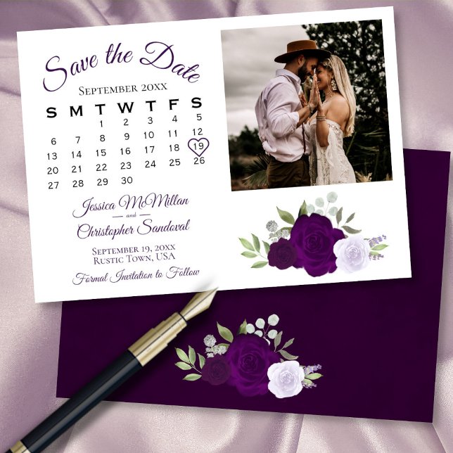 Kalender för Plum & Dusty Lila Ro Bröllop och foto Spara Datumet (In Situ Front/Back)