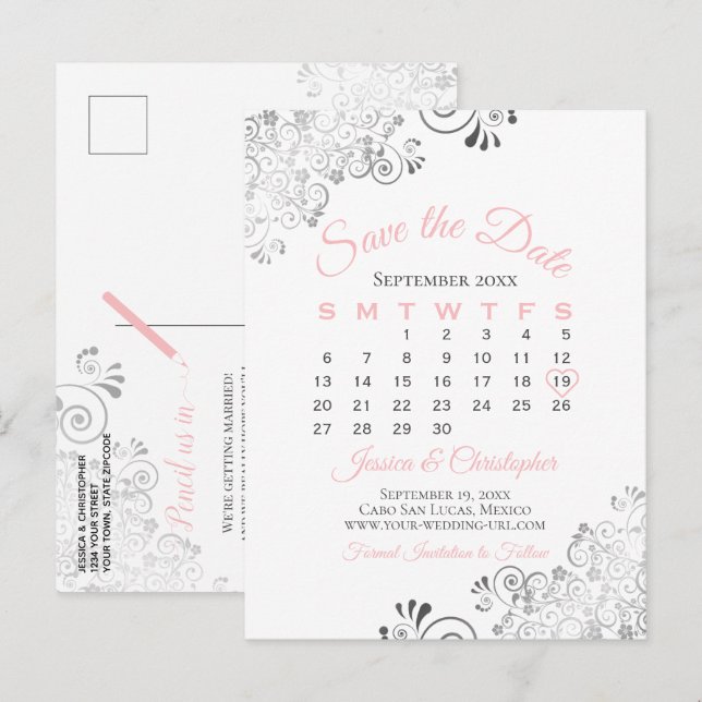 Kalender för rosa, Grått och vit Bröllop spara dat Meddelande Vykort (Fram/baksida)