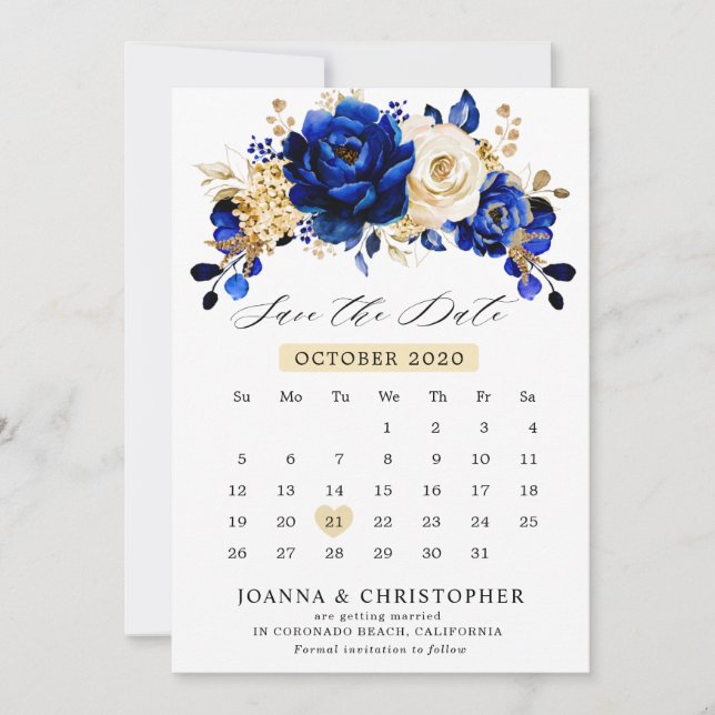 Kalender för Royal Blue Gult Guld Metallic Blommig Spara Datumet (Framsida)