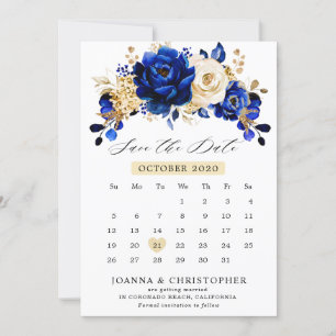 Kalender för Royal Blue Gult Guld Metallic Blommig Spara Datumet