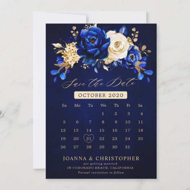 Kalender för Royal Blue Gult Guld Metallic Blommig Spara Datumet (Framsida)