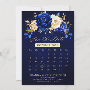 Kalender för Royal Blue Gult Guld Metallic Blommig Spara Datumet