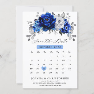Kalender för royal Blue White Silver Metallic Blom Spara Datumet