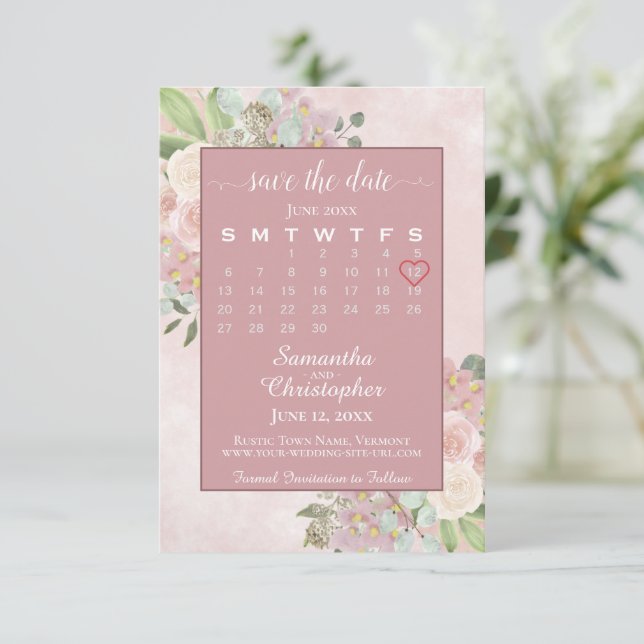 Kalender för Rustic Dusty Ro Vår Blommigt Bröllop Spara Datumet (Stående Fram)