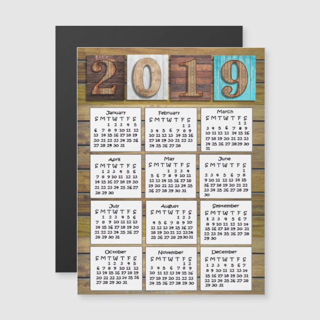 Kalender för Rustic Weasted Wood 2019 Magnetisk Inbjudningskort (Fram/baksida)