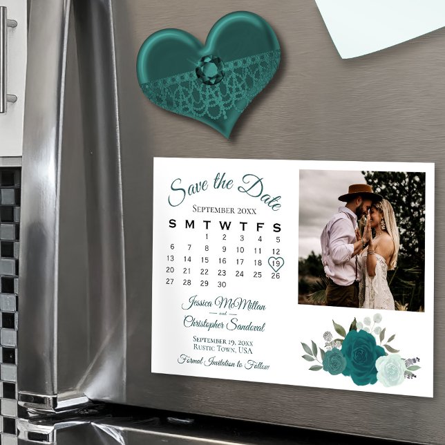 Kalender för Teal & Aqua Ro och fotospara datum Magnetisk Inbjudningskort (Magnetic for Easy Display!)