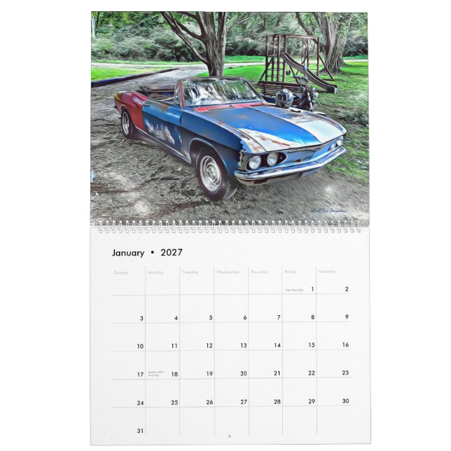 Kalender för två sidor med stor korv (Jan 2027)