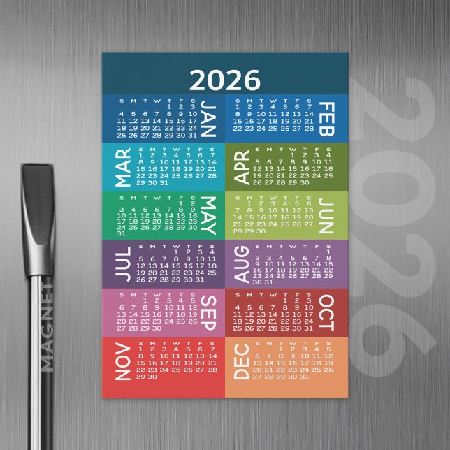 Kalender - Fullt år med färgade månader för funky (2026 Calendar with a Magnetic Back)
