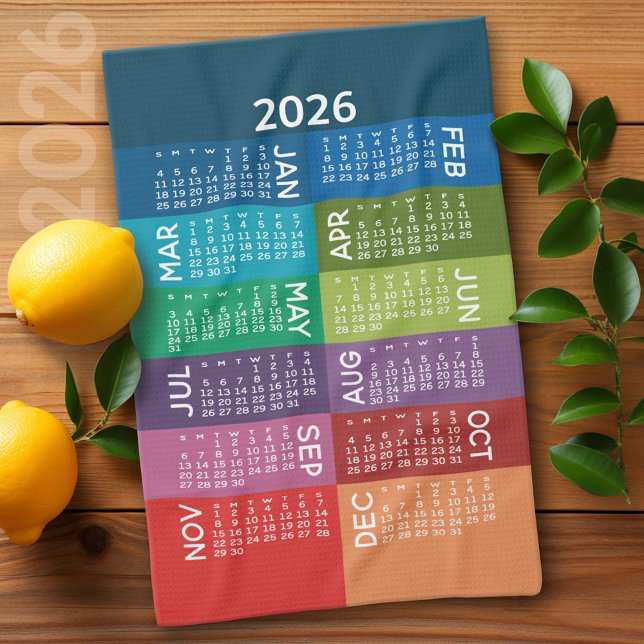 Kalender - Fullt år med färgade månader för funky Kökshandduk (2026 Calendar)